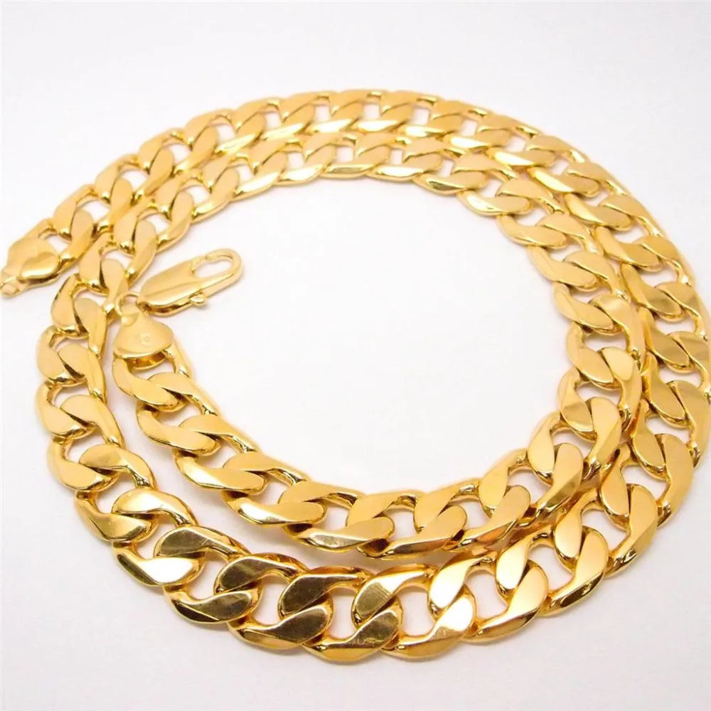 24" 12mm 24k yellow gold filled men's necklace curb chain jewelry (STAMPED)