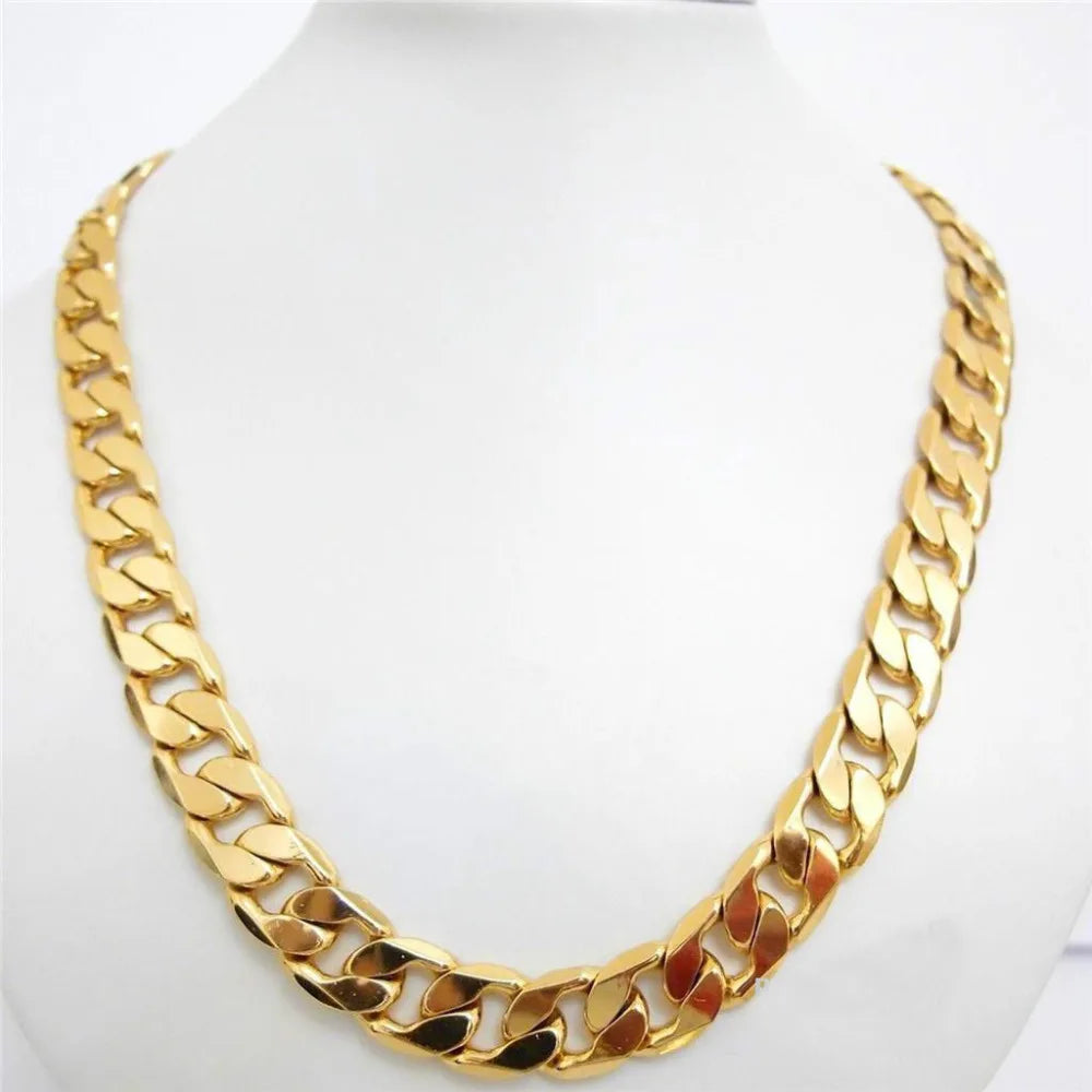 24" 12mm 24k yellow gold filled men's necklace curb chain jewelry (STAMPED)