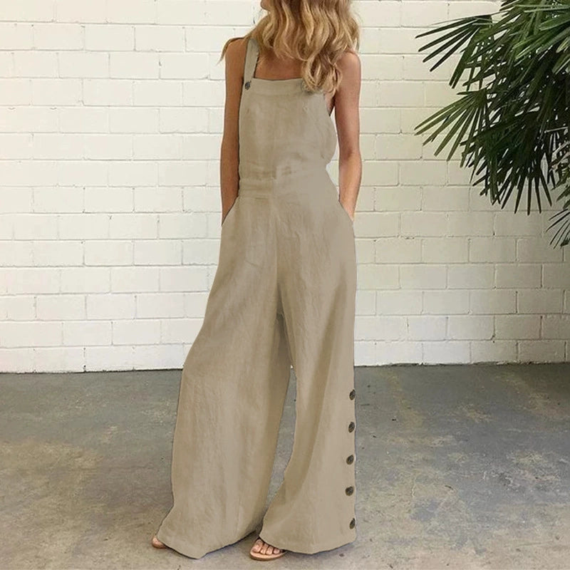 Solid Color Sleeveless Wide Leg Pants with Buttons