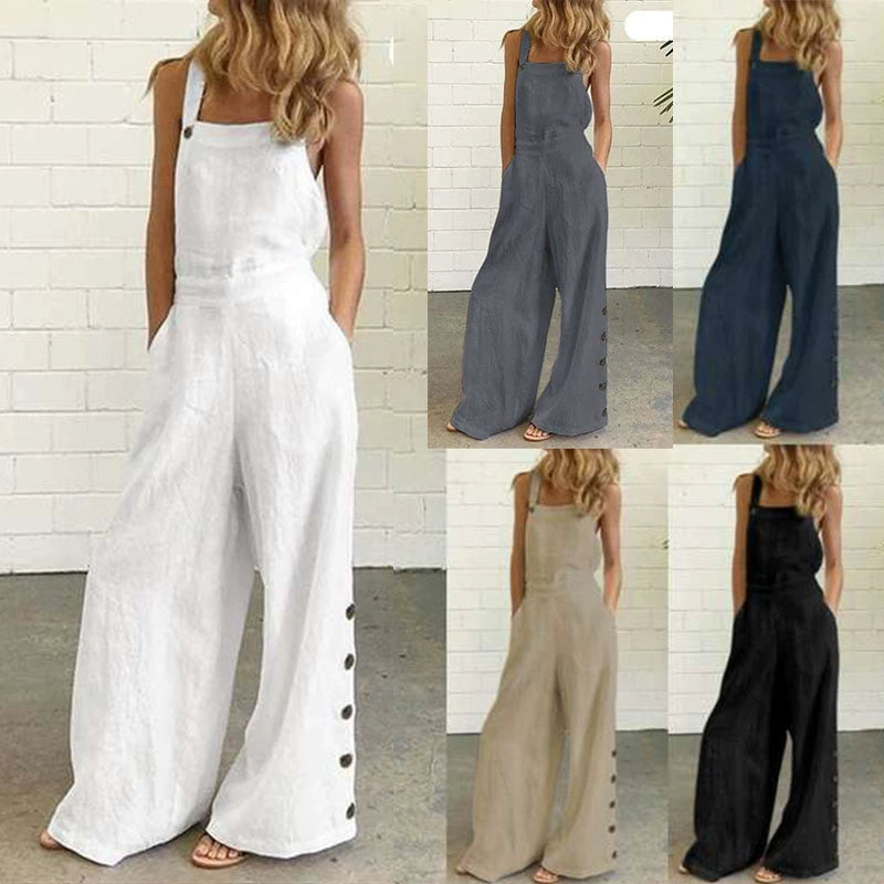 Solid Color Sleeveless Wide Leg Pants with Buttons