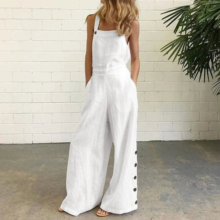 Solid Color Sleeveless Wide Leg Pants with Buttons