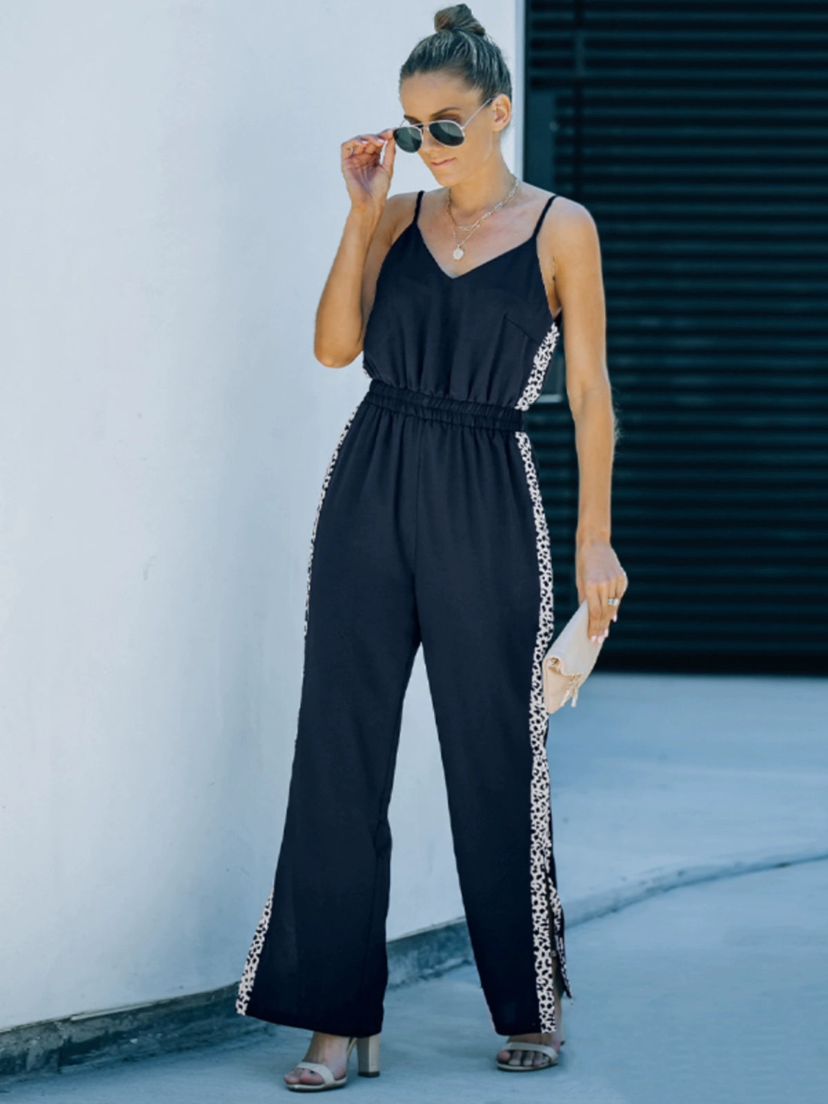 Summer New Suspender Jumpsuit Women 2024 European and American All-Matching Fashion V Neck Sleeveless Slit Loose Pants Pants Women