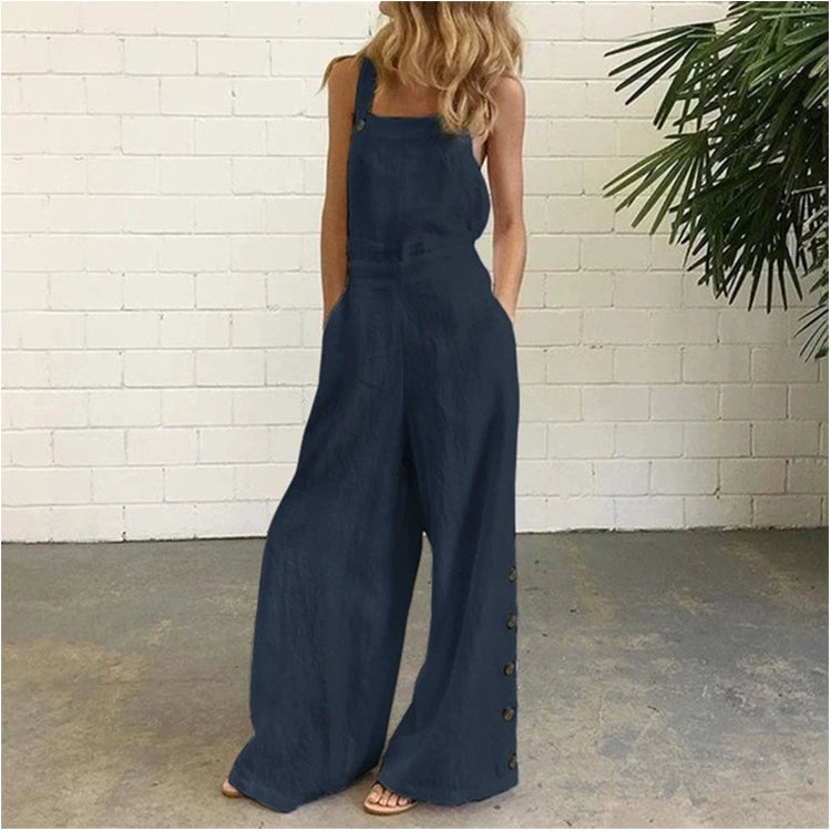 Solid Color Sleeveless Wide Leg Pants with Buttons