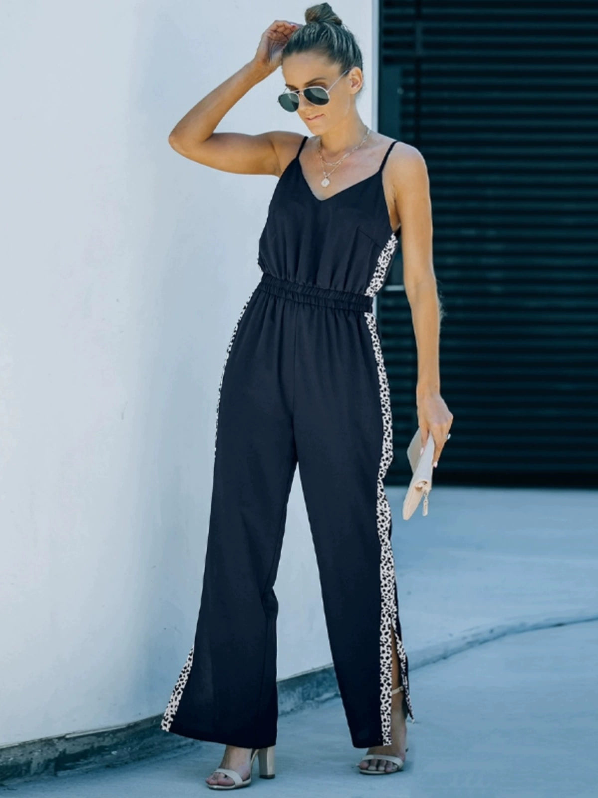 Summer New Suspender Jumpsuit Women 2024 European and American All-Matching Fashion V Neck Sleeveless Slit Loose Pants Pants Women