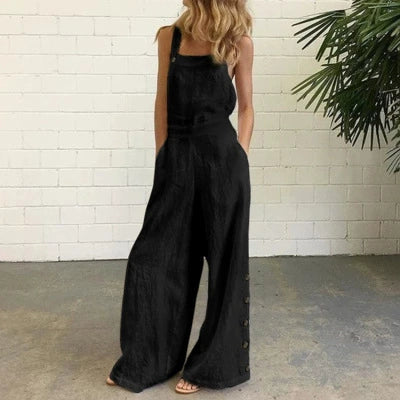 Solid Color Sleeveless Wide Leg Pants with Buttons