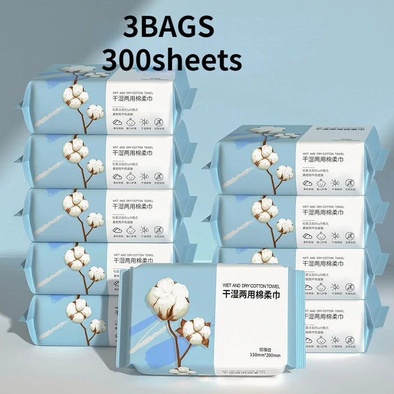 3Bags Set 300PCS Disposable Towel Facial Cleansing Cotton Tissue Wet Dry Wipes Makeup Remover Pads Skincare Cloth Towel Napkin